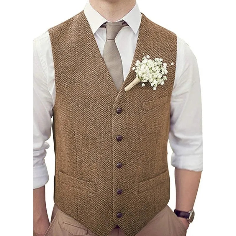 Men's Vest Herringbone V-Neck Single Button Waistcoat for Wedding, Business & Casual Wear