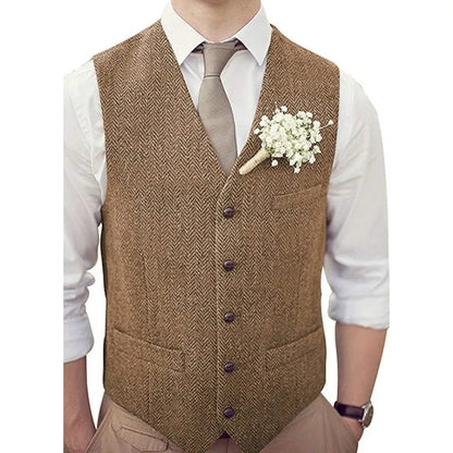 Men's Vest Herringbone V-Neck Single Button Waistcoat for Wedding, Business & Casual Wear