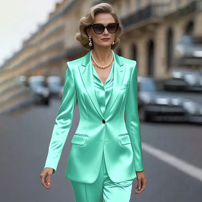 Women's Gold Satin Blazer Suit Set Stylish Single-Breasted Jacket+Pants Luxe Shiny Two-piece for Cocktail Party Wedding Guest