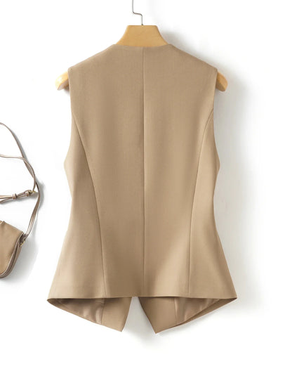 Short V-Neck Suit Vest for Women, Spring and Autumn Slant-Buttoned Top, Perfect for Office Wear and Versatile Vest