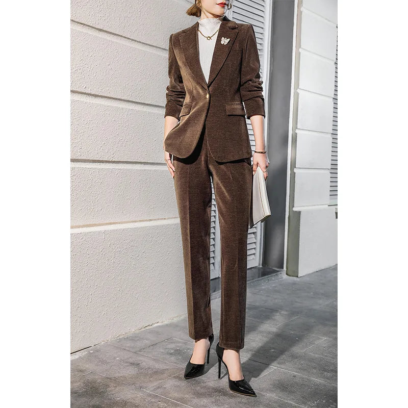 High Quality Fabric Corduroy Formal Women Business Suits OL Styles Professional Pantsuits Office Work Wear Autumn Winter Blazers