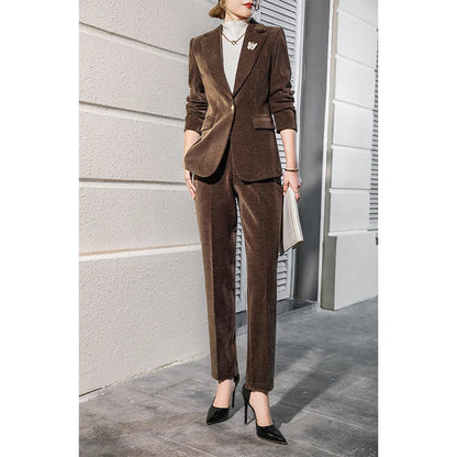High Quality Fabric Corduroy Formal Women Business Suits OL Styles Professional Pantsuits Office Work Wear Autumn Winter Blazers