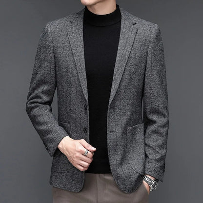 KIDWHXR Man Suit Coat Non-ironing Striped Turn Down Collar Male Outerwear Slim Long Sleeve Pocket Business Casual Men Blazer