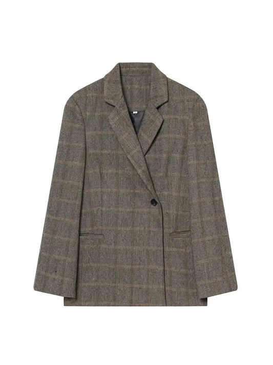 Women's Brown Plaid Blazer Jacket Y2k Harajuku 2000s Vintage Long Sleeve Single Breasted Suit Coat Outerwear Autum Clothes 2025