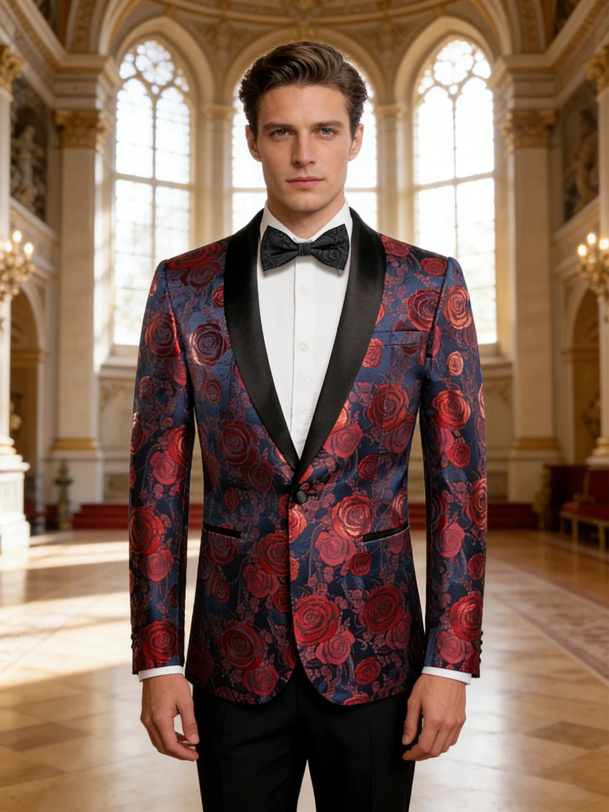 Navy Base Red Rose Floral Jacquard Tuxedo Blazer for Men, Black Shawl Lapel Slim Formal Jacket Host Wedding Ceremony Costume