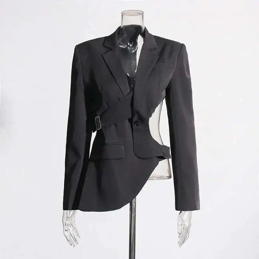 American Punk Niche Asymmetrical Design Autumn New Notched Coat Long Sleeve Side Waist Hollow Out Solid Color Blazer H2976