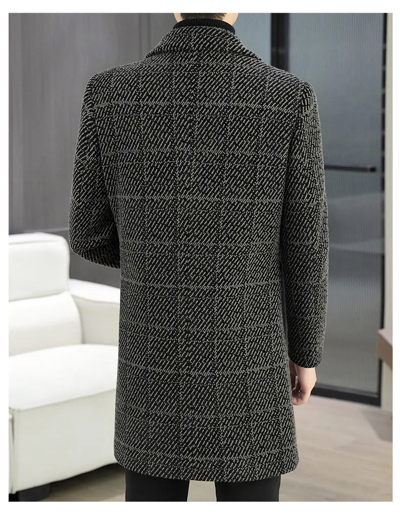 High-quality winter men's fashionable and stylish woolen overcoat, suit collar, mid-length windbreaker, woolen coat