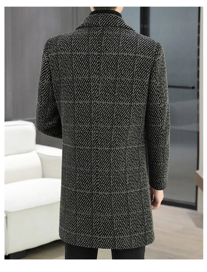 High-quality winter men's fashionable and stylish woolen overcoat, suit collar, mid-length windbreaker, woolen coat
