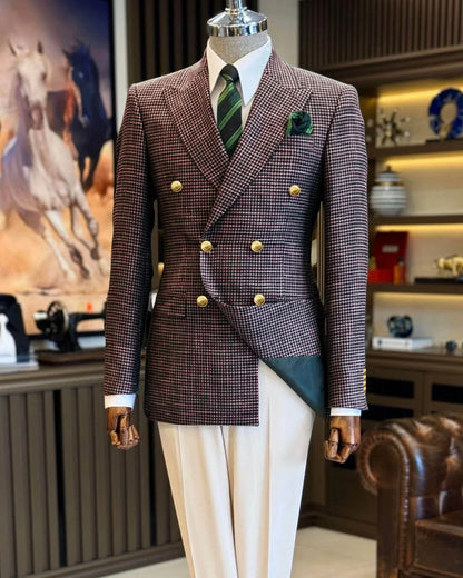 Black Men's Suit Jacket Houndstooth Peak Lapel Double Breasted Business Regular Fit Blazer Man plus size custom suit Coat