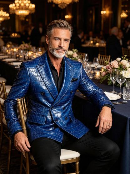 Men's Crocodile Embossed Leather Blazer Jacket Slim Fit Double Breasted Formal Suit Coat for Business Office Wrok Banquet Party