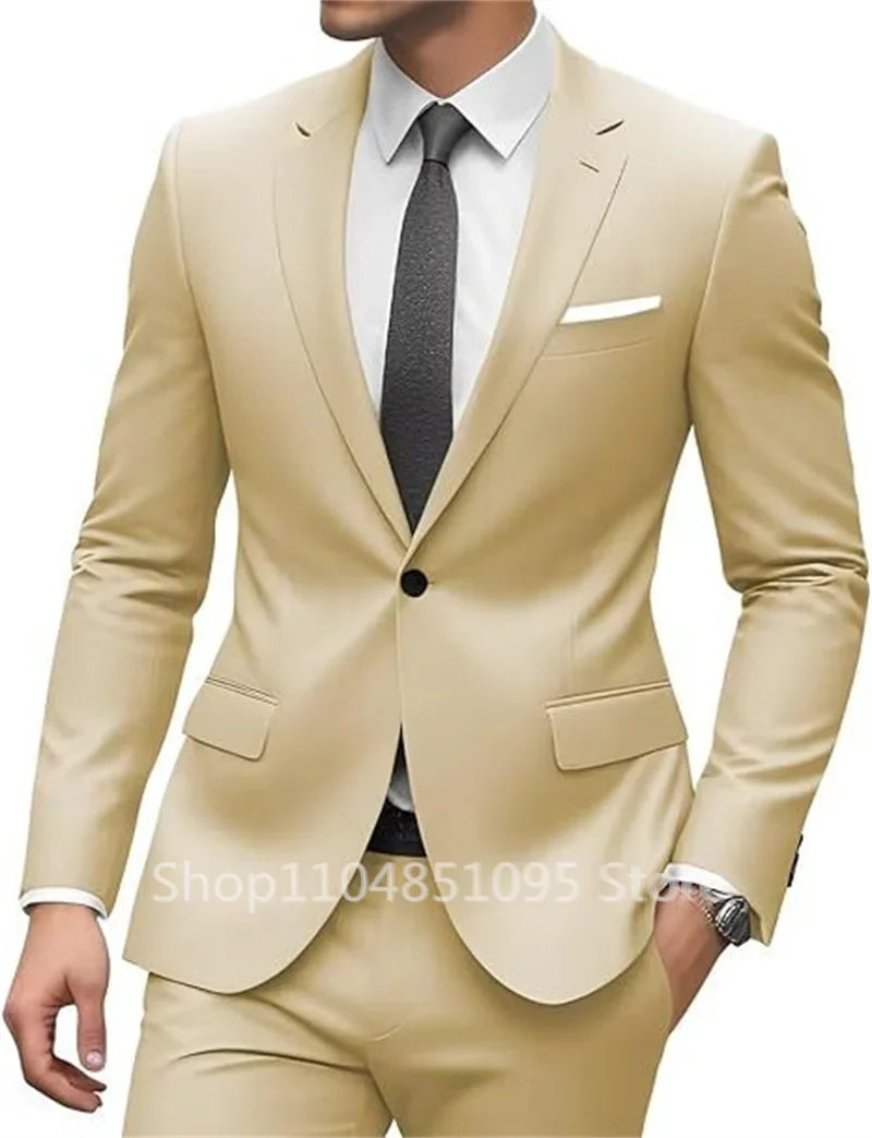 New Solid Slim Fit 2 Piece Wedding Men Suits Groom Tuxedos Formal Suit for Prom Party Busienss Best Man Notch Lapel Blazer Pants