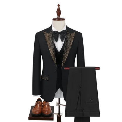 Rhinestone Lapel 3 Piece Suit Set (vest+Blazer+Trousers) Business Formal Casual Suits Wedding Groom Party Stage Men's Suit M-5XL