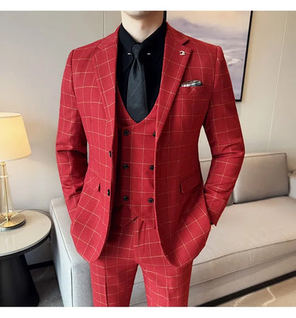 Men's 3-Piece Slim Fit Plaid Suit – Jacket, Vest & Pants for Weddings, Office & Formal Occasions