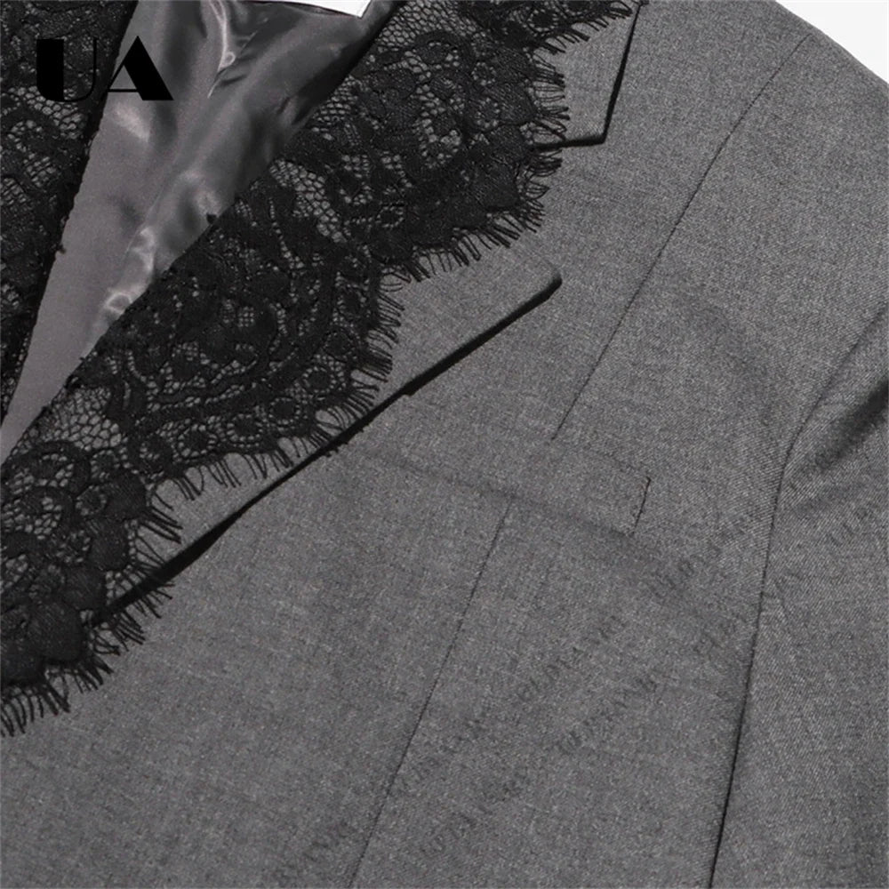Women’s Grey Blazer with Black Lace Trim Elegant Notched Lapel Cuffs & Hem Jacket Single-Breasted Office Wear