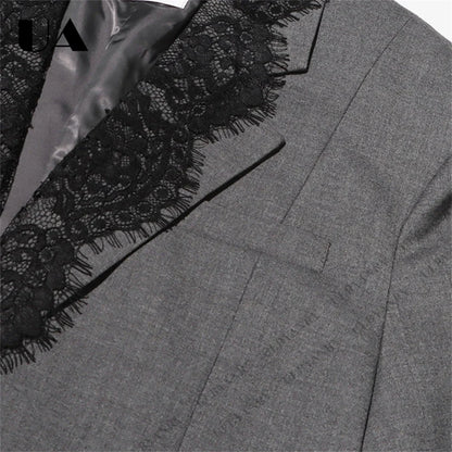 Women’s Grey Blazer with Black Lace Trim Elegant Notched Lapel Cuffs & Hem Jacket Single-Breasted Office Wear