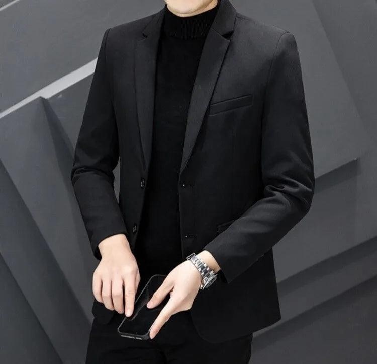 Men's Winter Cotton-Padded Thick Double-Breasted Casual Blazer Korean Style Trendy Solid Color Dark Blue Black Suit Jacket