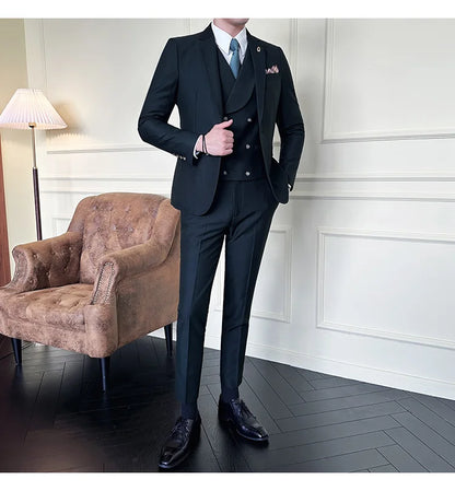 (Jackets+Pants+Vest) High Quality Men Slim Fit Party Tuxedos 3 Pieces Fashion Double Breasted Vest Design Business Wedding Suit