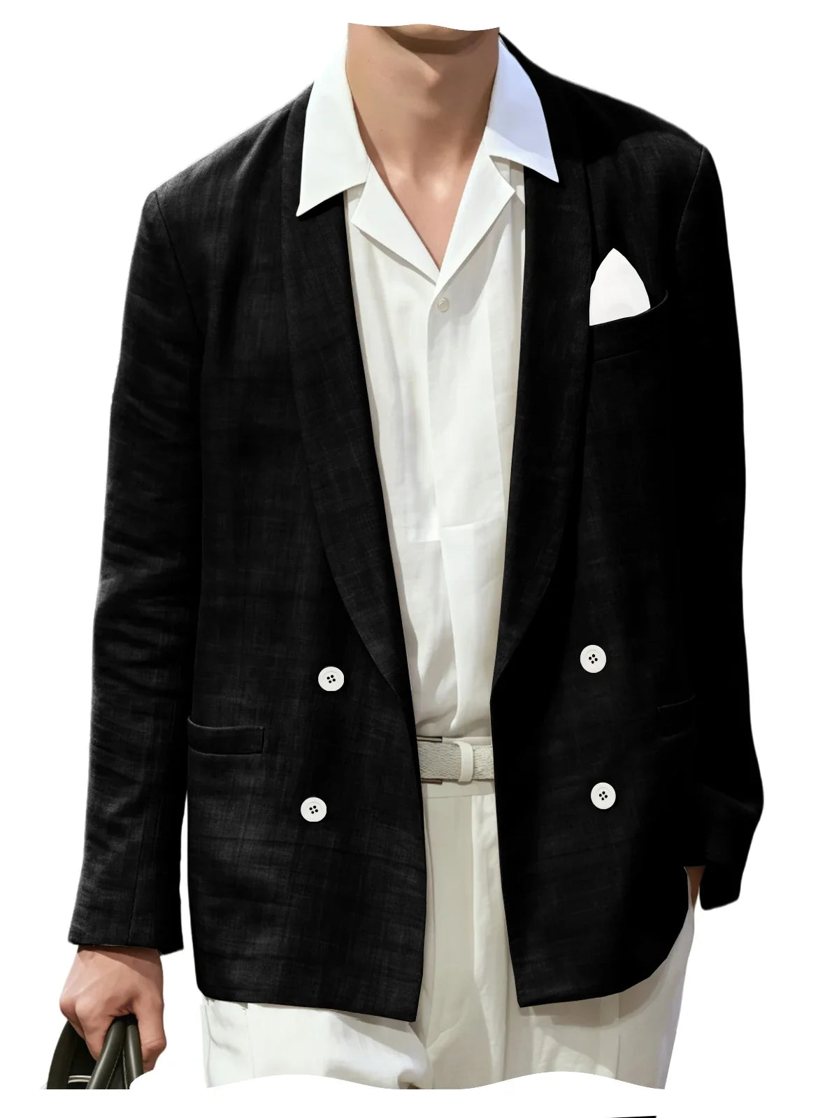 Summer Cotton Linen Blend Men Blazer Double Breasted Casual Suit Jacket Lightweight Soft Elegant Dress Coat For Prom Work Party