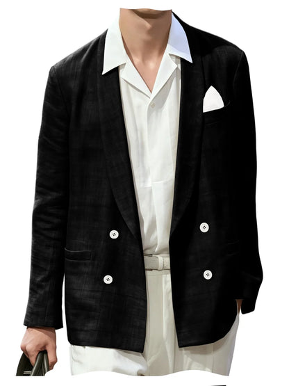 Summer Cotton Linen Blend Men Blazer Double Breasted Casual Suit Jacket Lightweight Soft Elegant Dress Coat For Prom Work Party