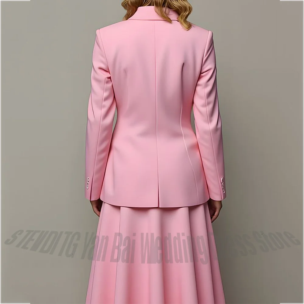 Pink Women's 2 Piece Suit Set Single Button Jacket with Flared Maxi Skirt Pleat Formal Business Office Party Lady Fashion Outfit