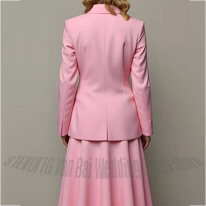 Pink Women's 2 Piece Suit Set Single Button Jacket with Flared Maxi Skirt Pleat Formal Business Office Party Lady Fashion Outfit