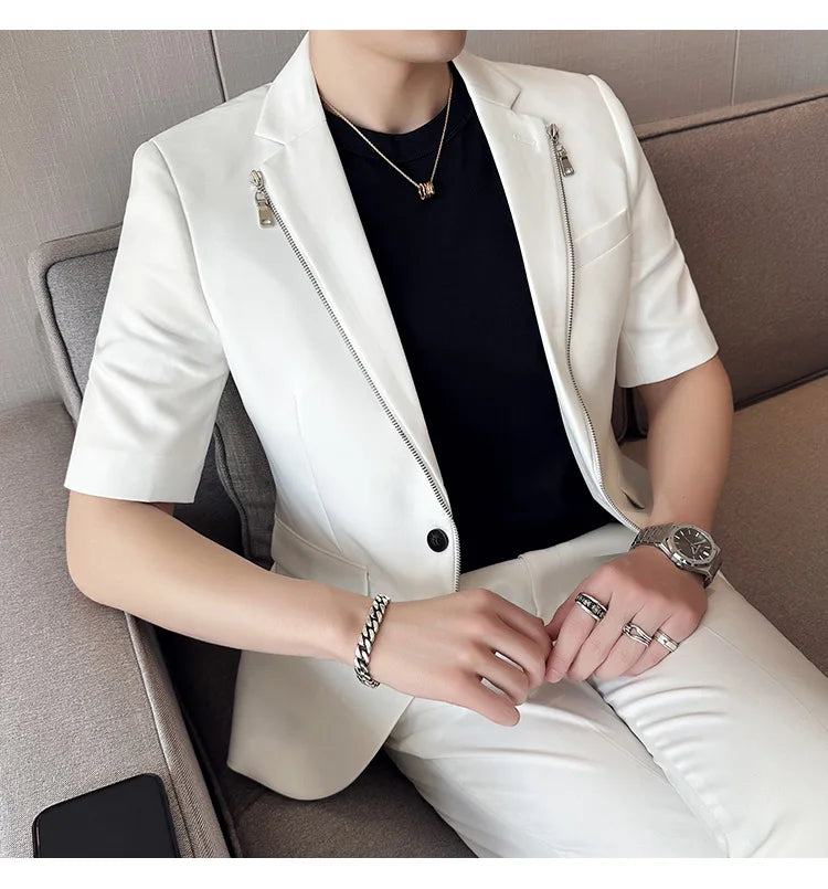 2023 Summer Zipper Decoration Blazers Men Casual Business Suit Jacket Slim Fit 3/4 Sleeve Streetwear Social Jacket Men Clothing