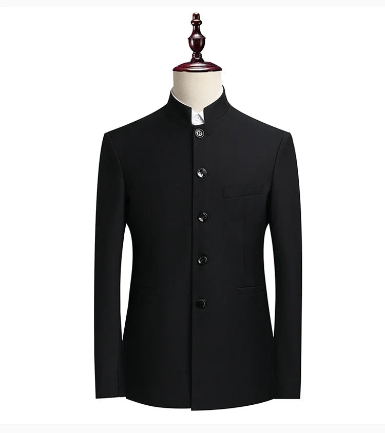 Men's Smart Casual Suit Set – Mao Collar Slim Fit Blazer and Pants for Weddings and Business
