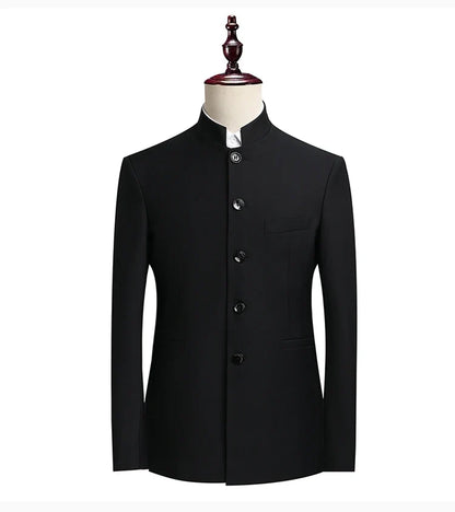 Men's Smart Casual Suit Set – Mao Collar Slim Fit Blazer and Pants for Weddings and Business