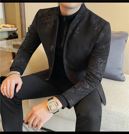 2025 Spring Trendy Jacquard Suit Jacket Men Stand Up Collar Casual Blazers Slim Wedding Business Streetwear Social Dress Coats