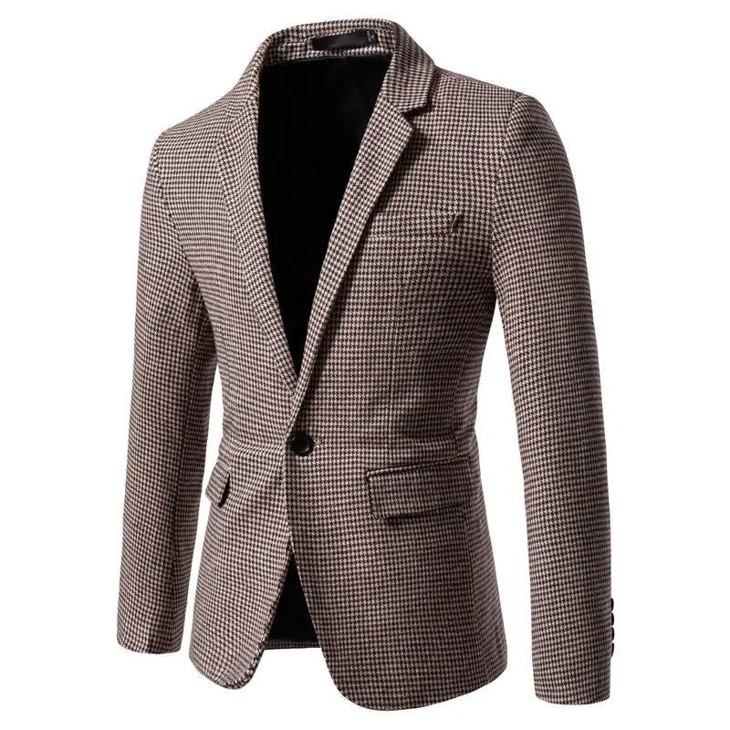 KIDWHXR 2026 Autumn Man Blazer Retro Plaid Single-breasted Male Outerwear Slim Long Sleeve Business Casual Men Suit Jacket