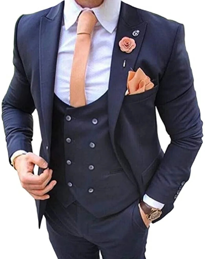 Navy Blue Men's Suits 3 Pcs Costume Homme Wedding Tuxedos Groom Wear Groomsman Prom Party Slim Fit Business Jacket+Vest+ Pants