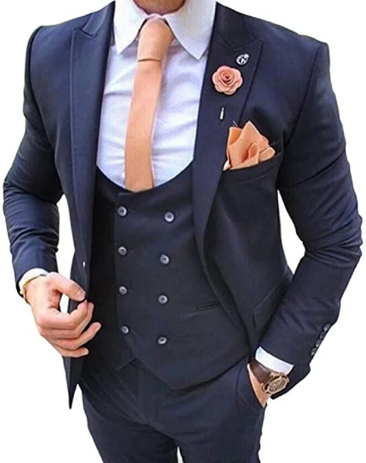 Navy Blue Men's Suits 3 Pcs Costume Homme Wedding Tuxedos Groom Wear Groomsman Prom Party Slim Fit Business Jacket+Vest+ Pants