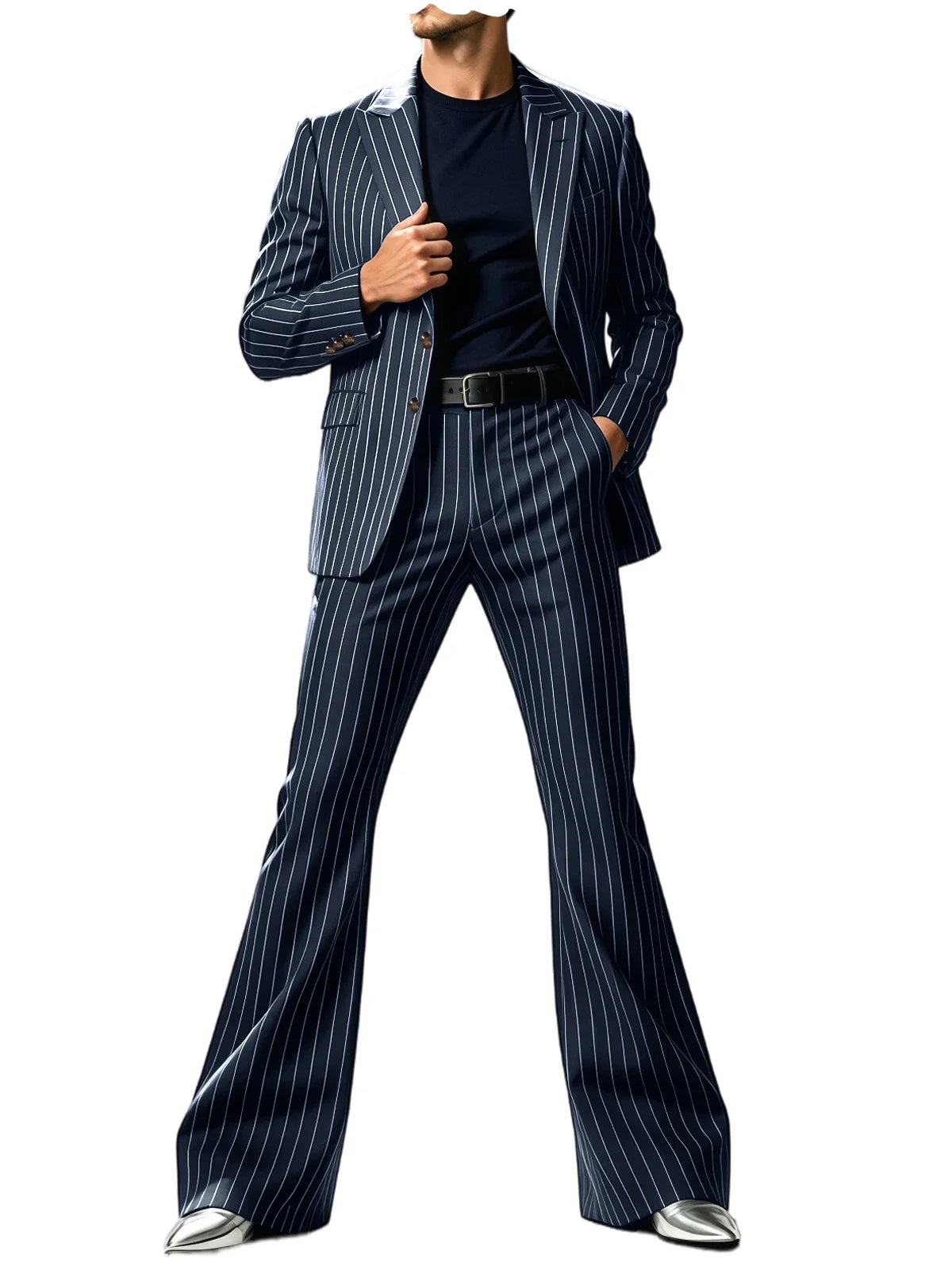 Men's Suit 2-Piece Slim Fit Pinstripe Blazer & High Waist Flared Pants for Business Casual and Formal Occasions