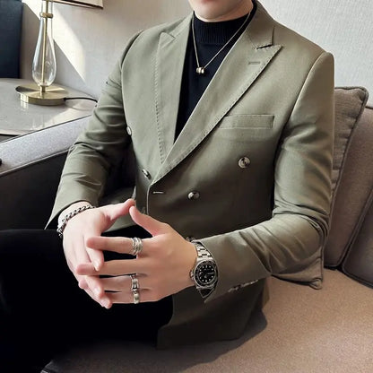 Autumn High-quality Double Breasted Slim Fit Suit Jacket Men Versatile Casual Business Blazer Wedding Social Banquet Formal Coat