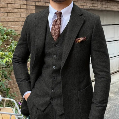 Men 3 Pieces Blue Herringbone Suit Formal Business Tweed Groom Tuxedo for Men Wedding Men's Suit Outfits Jacket Vest Pants Set