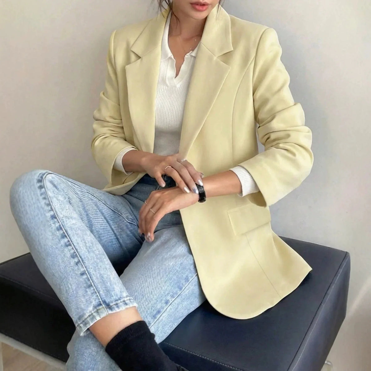 Women's Single-Button Loose Fit Suit Jacket Trans-seasonal Yellow Collar Commute Casual Polyester Fabric Fashionable