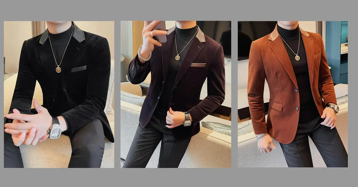 Autumn Winter Corduroy Suit Coat For Men Korean Elegant Slim Fit Business Formal Dress Coats Groom Wedding Tuxedo Suit Jacket