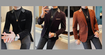 Autumn Winter Corduroy Suit Coat For Men Korean Elegant Slim Fit Business Formal Dress Coats Groom Wedding Tuxedo Suit Jacket