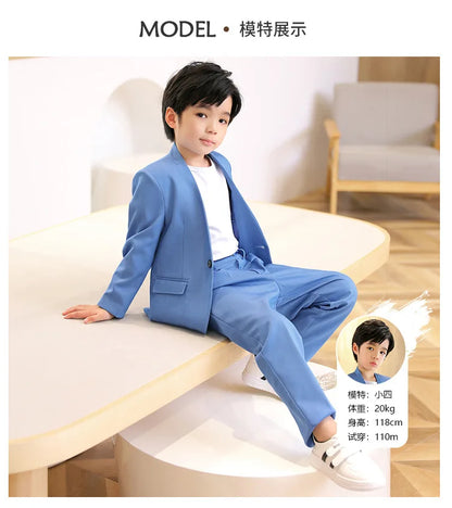 Boys Formal Suit Set Kids Wedding Tuxedo Jacket Pants Blue Ceremony Outfit