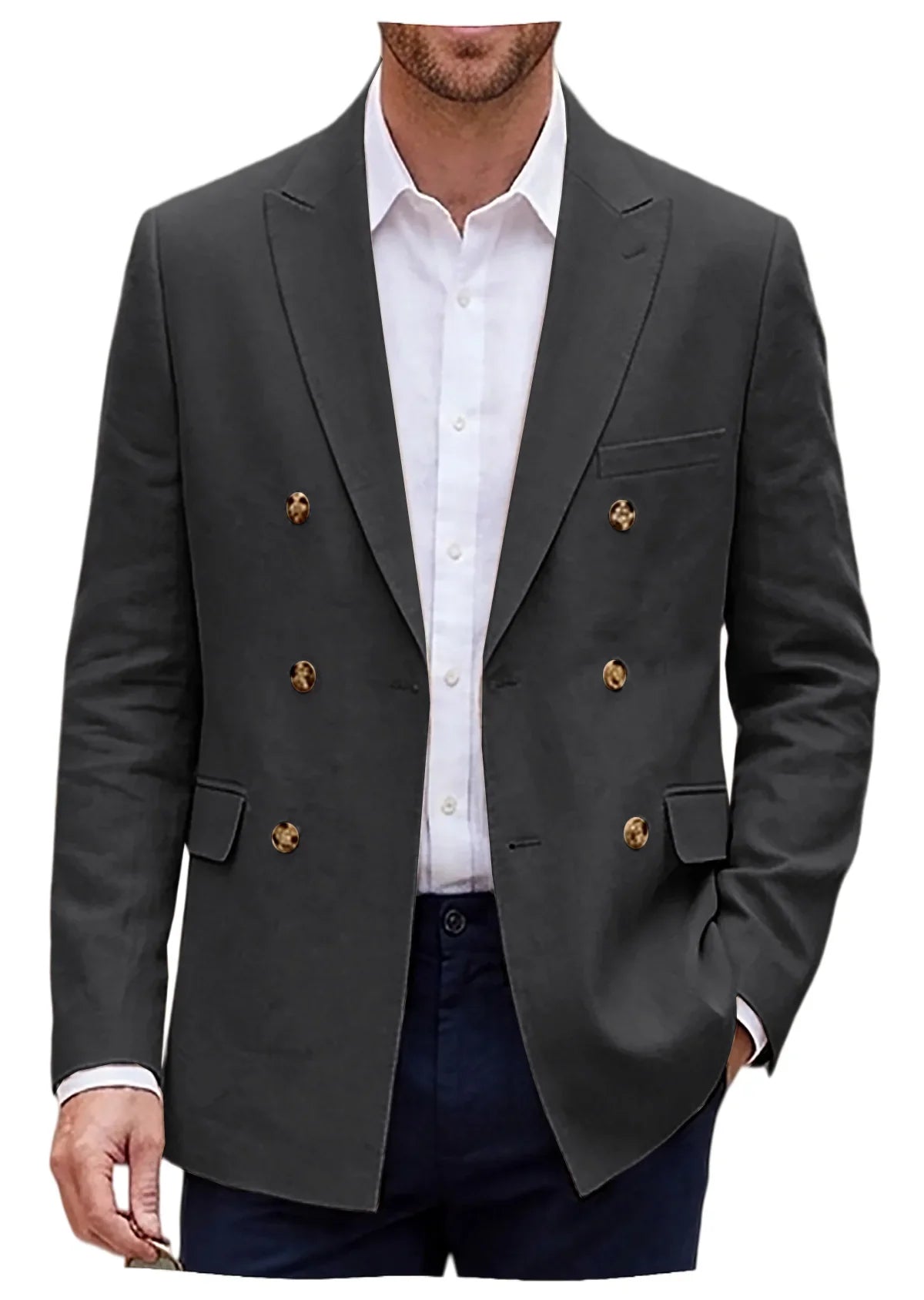 Men's Double Breasted Linen Blazer Slim Fit Suit Jacket Formal Business Casual Coat Wedding Party Spring Summer Streetwear
