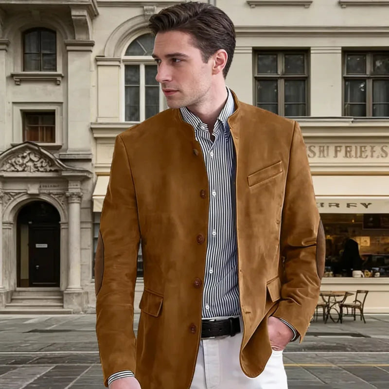 Vintage Men's Suede Blazer Elbow Patch Slim Fit Mandarin Collar Textured Fabric Jacket Business Casual Wedding Party Coat