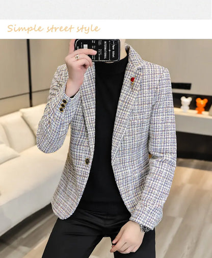 Korean Fashion Woven Suit Jacket for Men Autumn Slim Fit Casual Men Blazers Street Wear Social Business Dress Coats Men Clothing