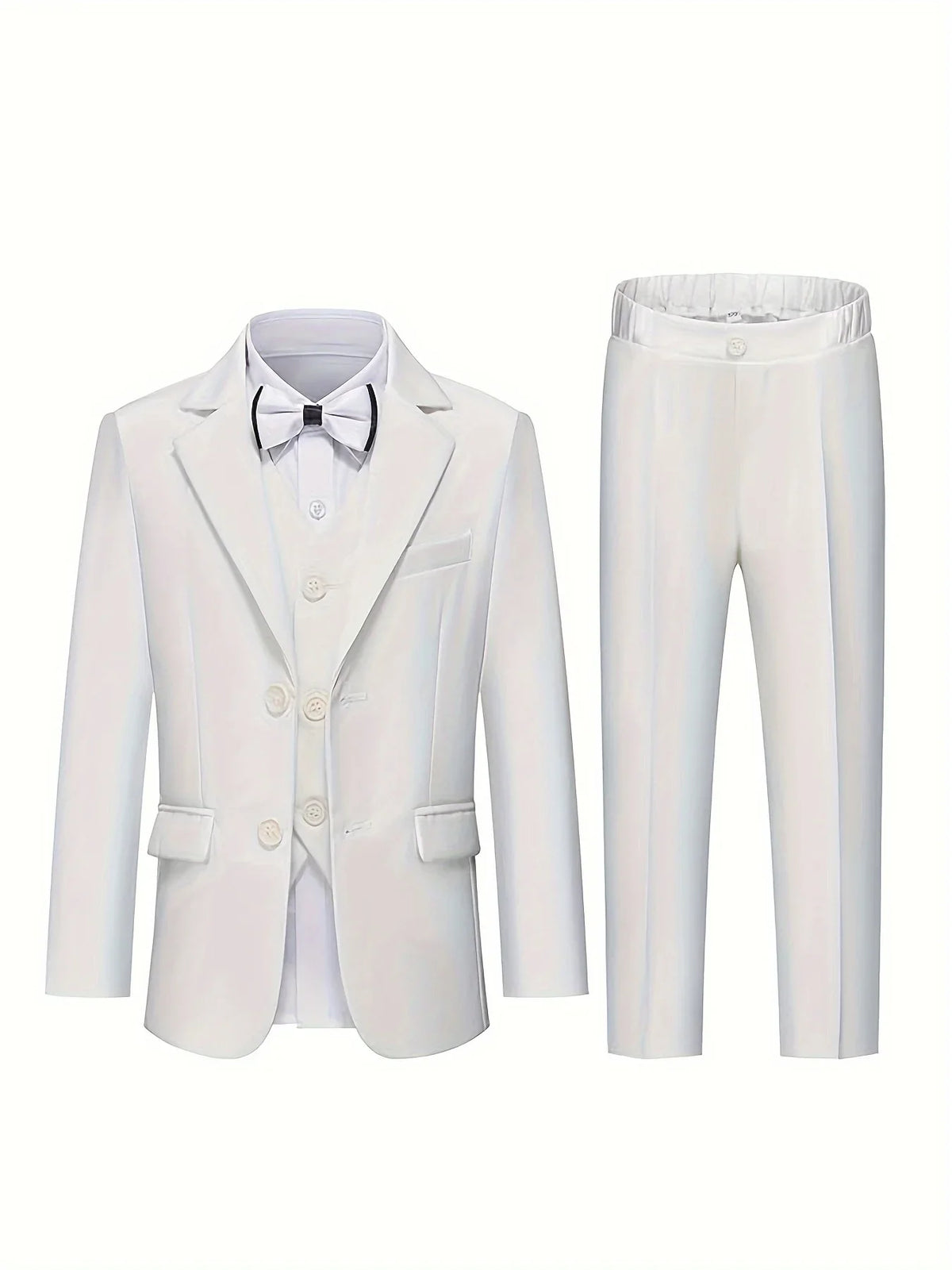 Kids Wedding Party Dress Boys Spring White 4Pieces/Set Jacket Vest Pants Bowtie Photography Suit Children Performance Costume