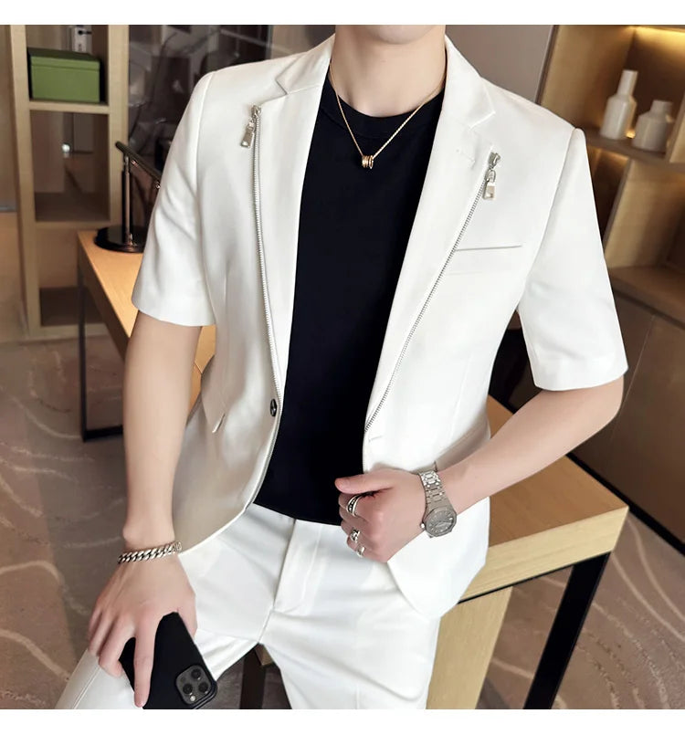 2023 Summer Zipper Decoration Blazers Men Casual Business Suit Jacket Slim Fit 3/4 Sleeve Streetwear Social Jacket Men Clothing