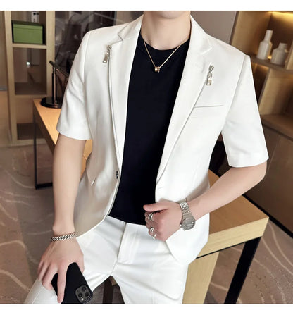 2023 Summer Zipper Decoration Blazers Men Casual Business Suit Jacket Slim Fit 3/4 Sleeve Streetwear Social Jacket Men Clothing