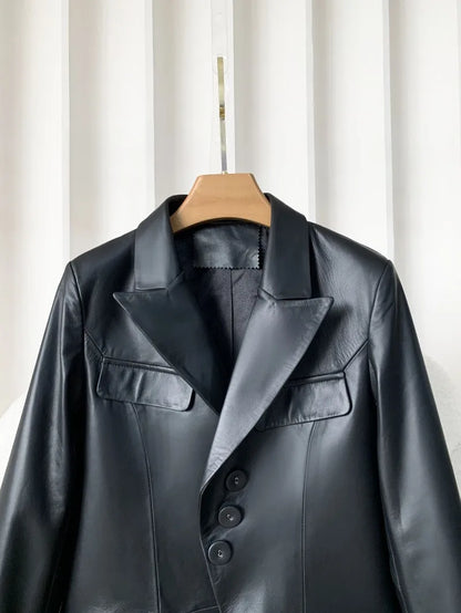 High Quality Women Single Breasted Genuine Leather Suit Jacket Fashion Office Lady Lapel Collar Slim Fit Sheepskin Blazers