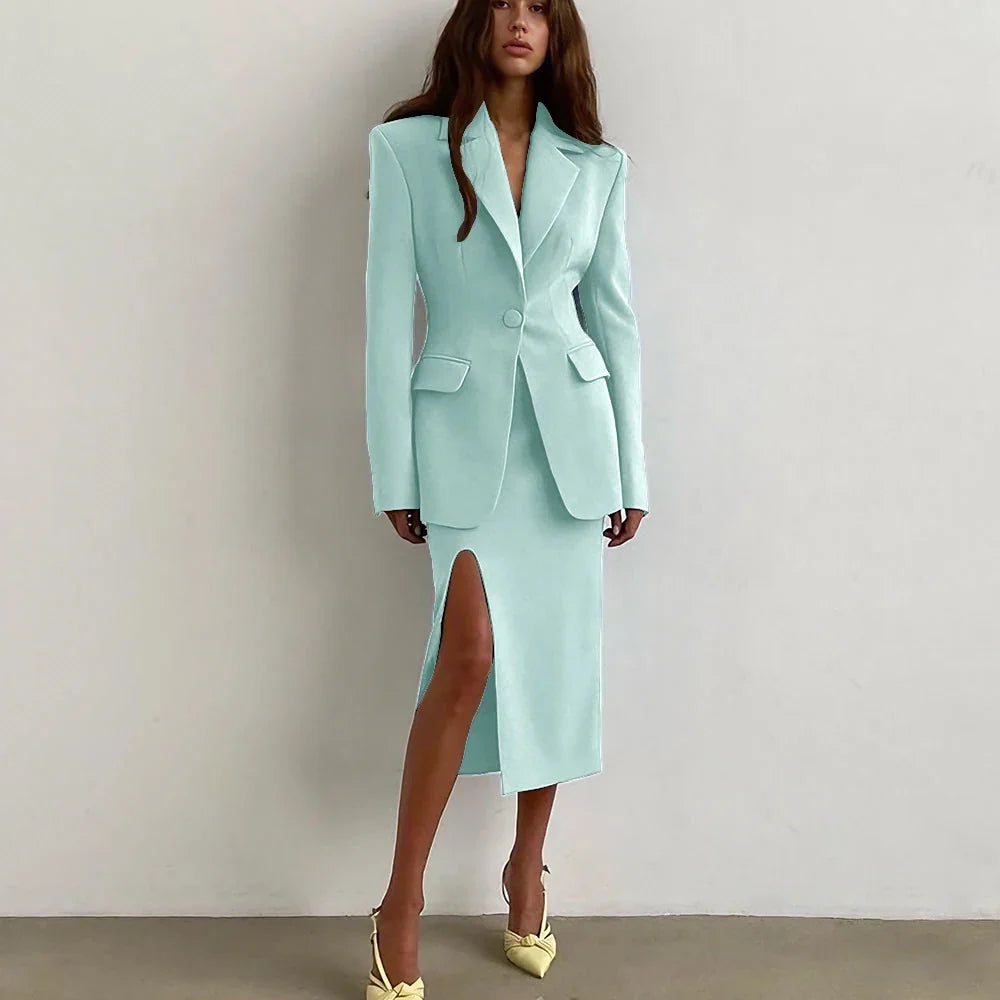 Professional Women's Single Button Notch Lapel Blazer Suit Side Slit Midi Skirt Set Elegant Party Office Fashion 2Piece Outfit