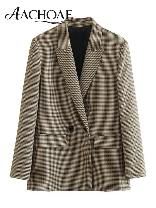 Women Plaid Blazer Vintage Houndstooth Jacket Office Lady Business Casual Oversized Suit Coat Workwear Outerwear