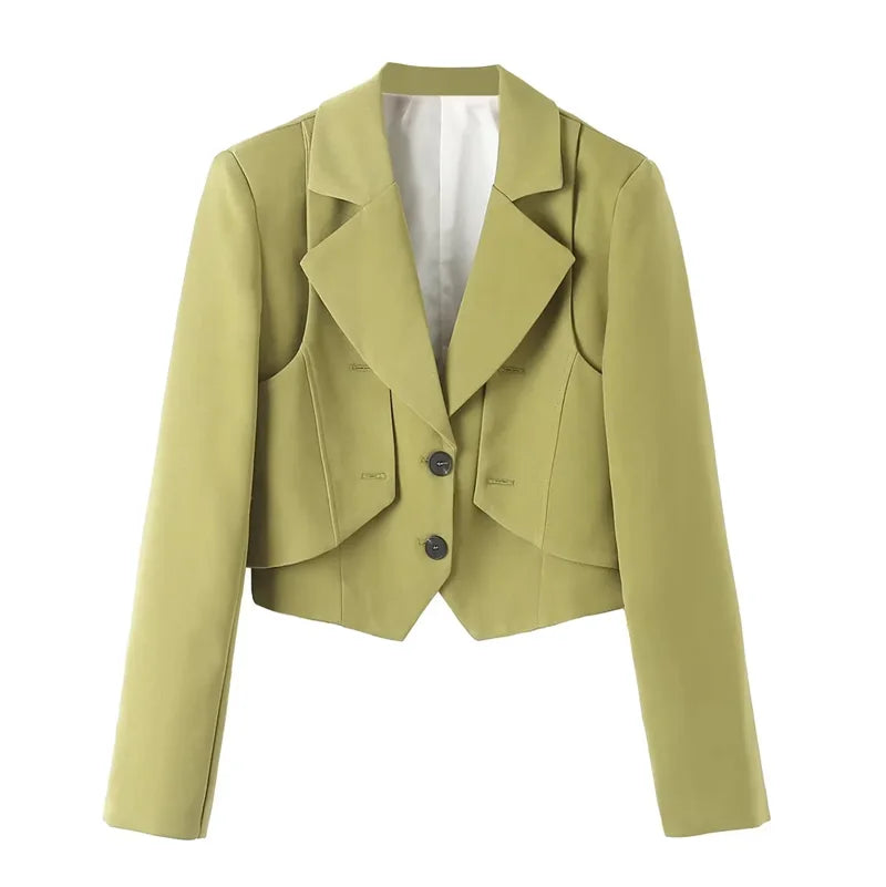 Women's Blue Blazer Jacket Vintage Office Ladies Long Sleeve Single Breasted Cropped Outerwear Suit Coat Y2k 2000s Spring Autumn