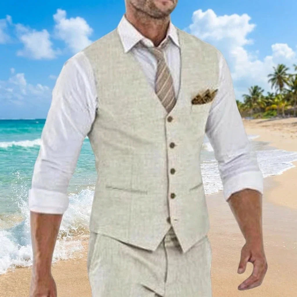 Men's Linen Suit Vest – Beige V-Neck Waistcoat for Wedding, Beach & Smart Casual Wear